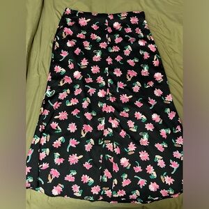 Zara Black and pink Floral Midi Skirt, Large